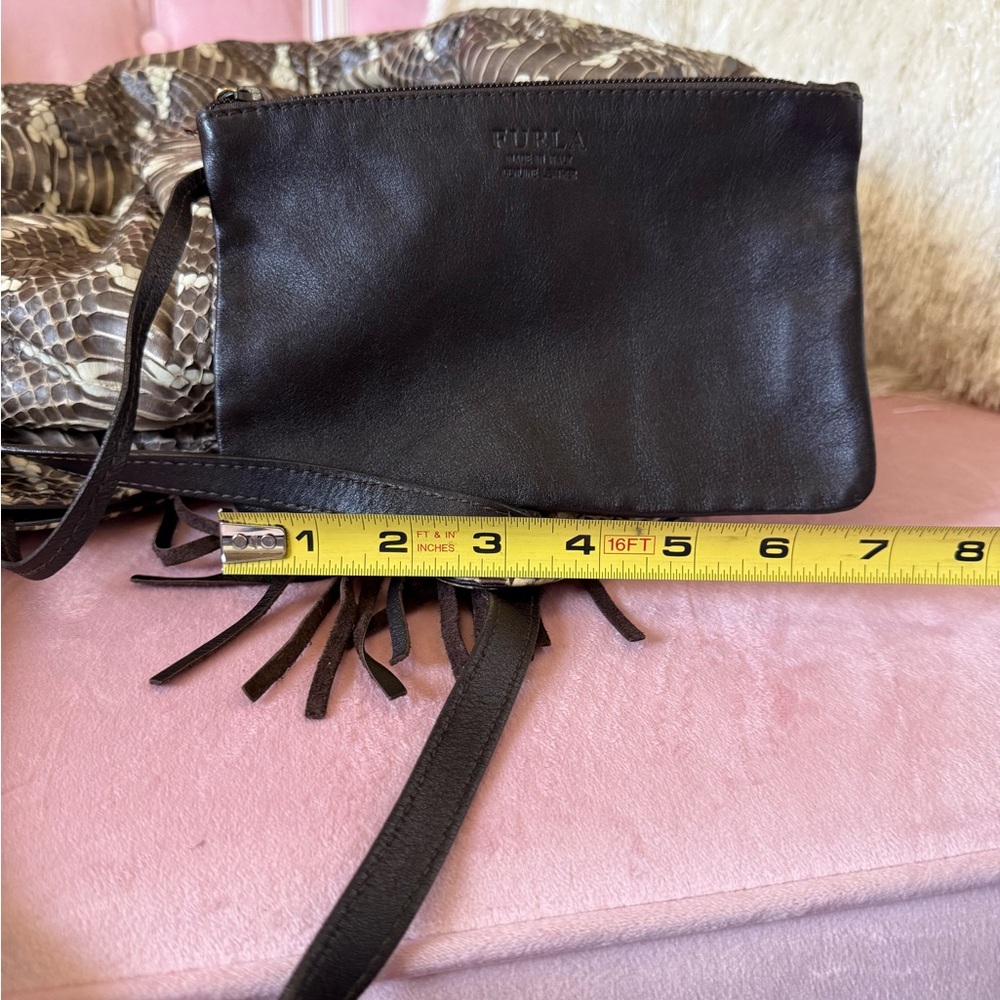 💯 Auth FURLA Snakeskin Leather Hobo Shoulder Bag w Brown Leather & Large Tassle - Picture 13 of 16